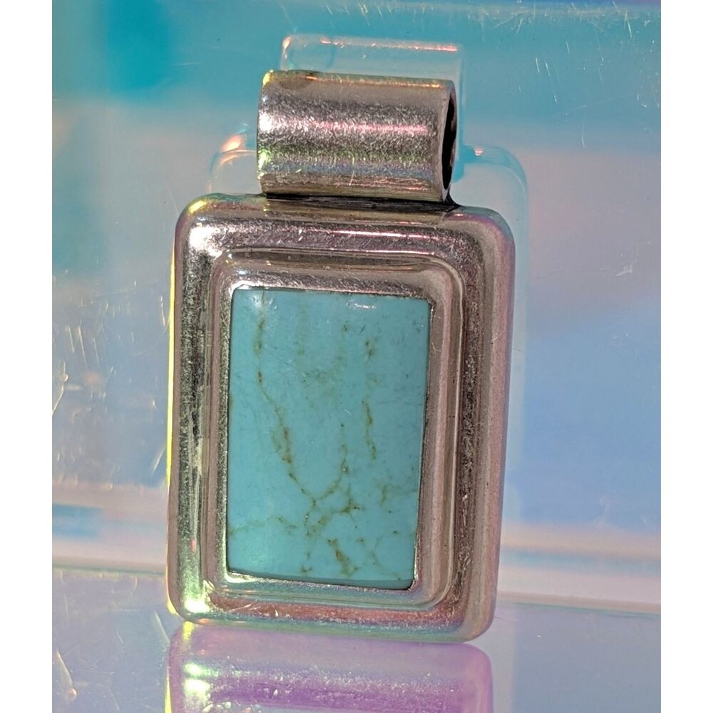 925 Sterling Silver Turquoise Rectangle Pendant 12g Y2K Modernist Vintage